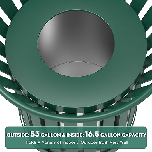 16 Gallon Round Large Outdoor Trash Can, Heavy Duty Metal Slatted Garbage Can Outdoor, All Weather Resistant Commercial Garbage Cans, Waste Receptacle in Park, School, Beach, Patio (Green, Large)