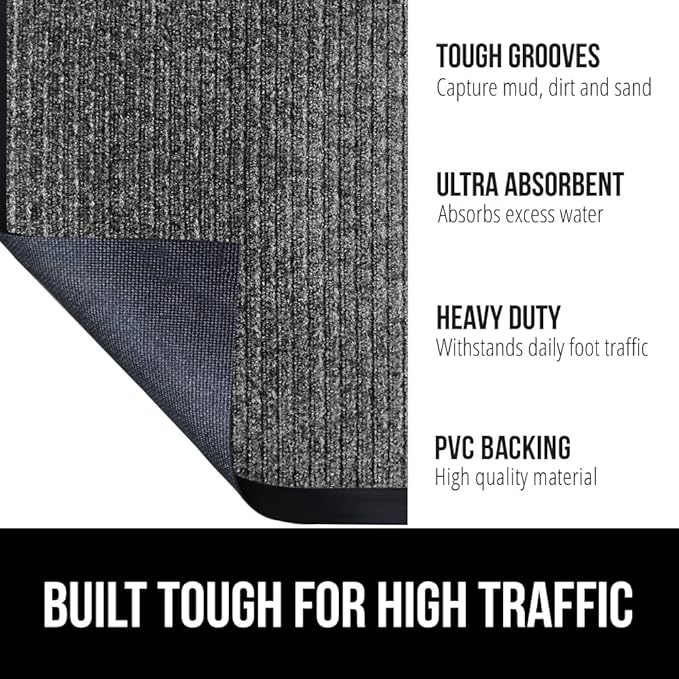 GORILLA GRIP Traffic Guard Door Mat, 60x36, Heavy Duty Welcome Mats, Commercial Office Space Doormat, Waterproof, Fade Resistant, Strong Rubber Backing, Low Profile, Shoe and Boot Scraper, Light Gray
