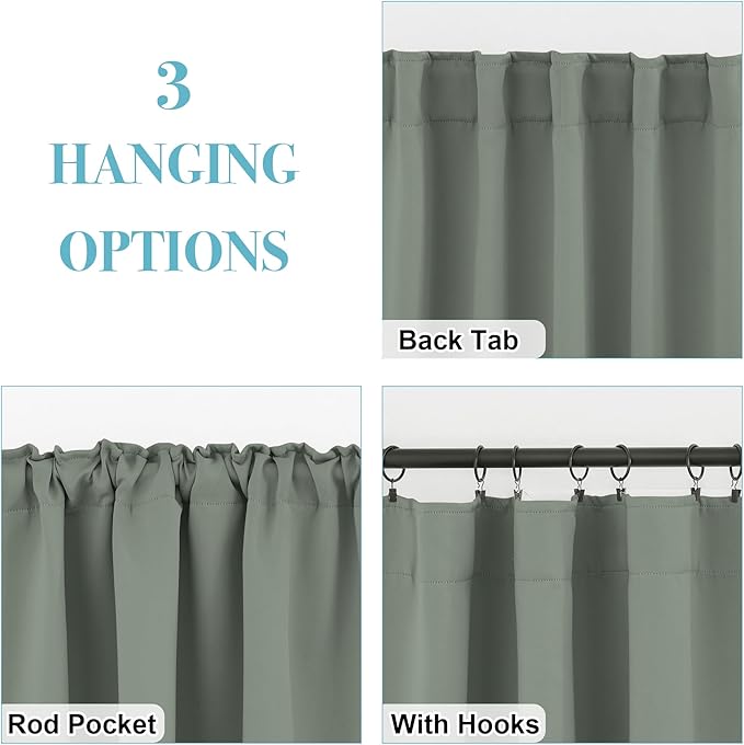 RYB HOME Sage Green Blackout Curtains for Bathroom, Thermal Insulated Light Block Window Curtains, Back Tab & Rod Pocket Style for Kitchen Kids Bedroom Basement, W34 x L24, 2 Panels
