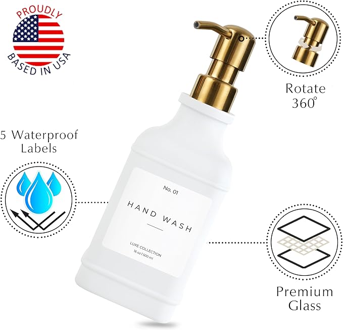 Emerson Essentials Soap Dispenser, Dish Soap Dispenser, Soap Bottle Bathroom Set, Hand Soap Farmhouse Home, Kitchen Soap Dispenser Set - Glass Soap Dispenser with Pump and Labels, 16 Oz, 2 Pack