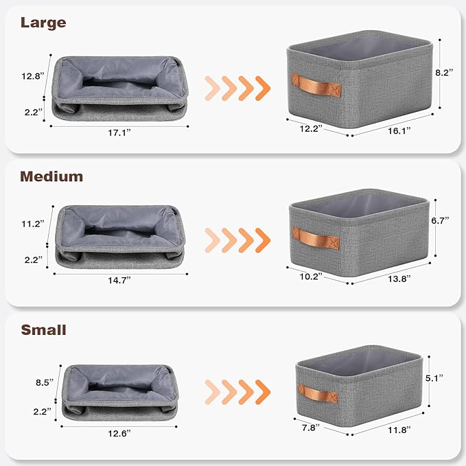 Large Storage Baskets for Shelves 3 Packs, Fabric Storage Bins for Shelves with Handles, 13.8'' L ×10.2'' W × 6.7'' H Collapsible Baskets for Organizing Clothes, Toy, Grey