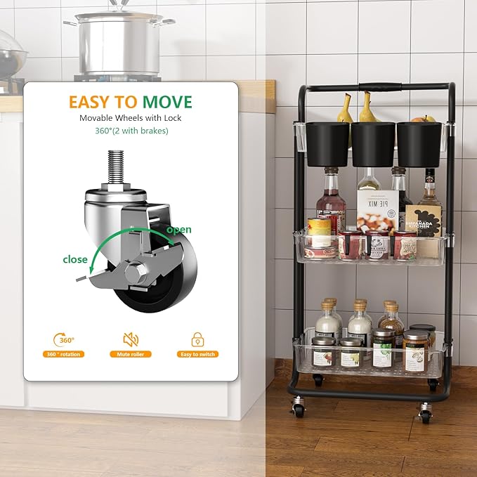 3 Tier Rolling Cart with Metal Handle, Hanging Cups, Hooks, Plastic Storage Baskets & Wheels Lockable, Utility Craft Cart for Bathroom Classroom Office Kitchen Pantry Organizers and Storage, Clear