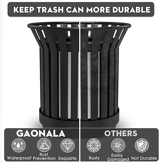 8Gallon Round Large Outdoor Trash Can, Heavy Duty Metal Slatted Garbage Can Outdoor, All Weather Resistant Commercial Garbage Cans, Waste Receptacle in Park, School, Beach, Patio (Black, Medium)