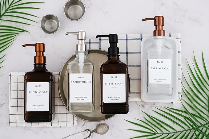 Emerson Essentials Soap Dispenser, Dish Soap Dispenser, Soap Bottle Bathroom Set, Hand Soap Farmhouse Home, Kitchen Soap Dispenser Set - Glass Soap Dispenser with Pump and Labels, 16 Oz, 2 Pack
