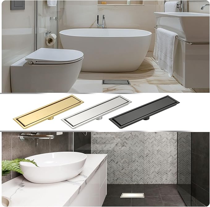 uxcell Rectangular Shower Drain, Brushed 304 Stainless Steel Odor-Proof Floor Drain Linear Shower Drain Hair Catcher for Bathroom Kitchen and Laundry Room(8 Inch, Bright Silver)