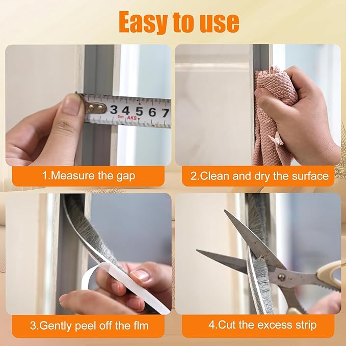 65FT Brush Weather Stripping, Neat Pile Self Adhesive Seal Strip for Windows and Door, Weatherstrip for Soundproofing, Windproof, Dustproof, Stronger Stickiness, 0.35'' Wide x 0.35'' Thick, Grey