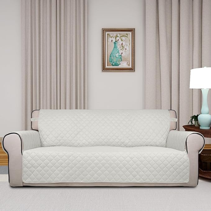 PureFit Reversible Quilted Sofa Cover, Water Resistant Slipcover Furniture Protector, Washable Couch Cover with Non Slip and Elastic Straps for Kids, Pets (Oversized Sofa, Ivory/Ivory)