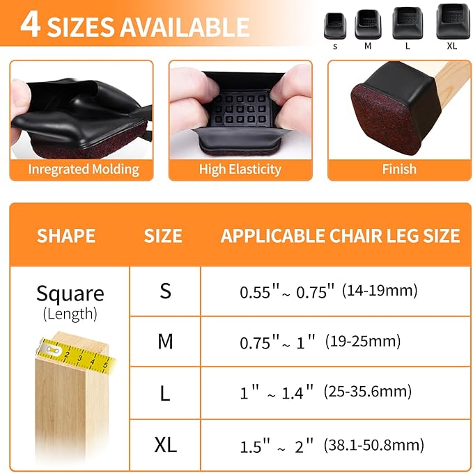Ezprotekt 24 Pcs Square Chair Leg Floor Protectors with Felt, Silicone Felt F for Hardwood Floor, Dining Table Leg Caps Covers No Scratches (L Fit: 1" - 1.4", Dark Brown)
