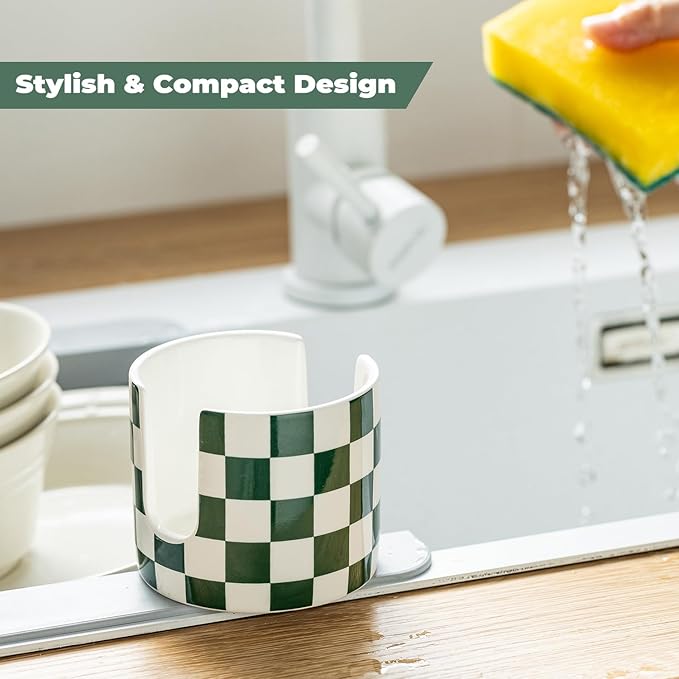 Ceramic Kitchen Sponge Holder, Dish Sponge Holder Suitable for Scrubby Farmhouse Dish Rack Brush Holder for Bathroom, Kitchen, Sink, Green and White