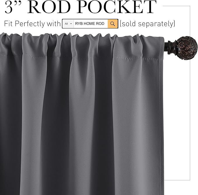 RYB HOME Blackout Curtains for Bedroom, Small Window Valances Tiers Curtain Set Light Block Privacy Drapes for Kitchen Kids Nursery Bathroom, W 52 x L 36 per Panel, Grey, 1 Pair