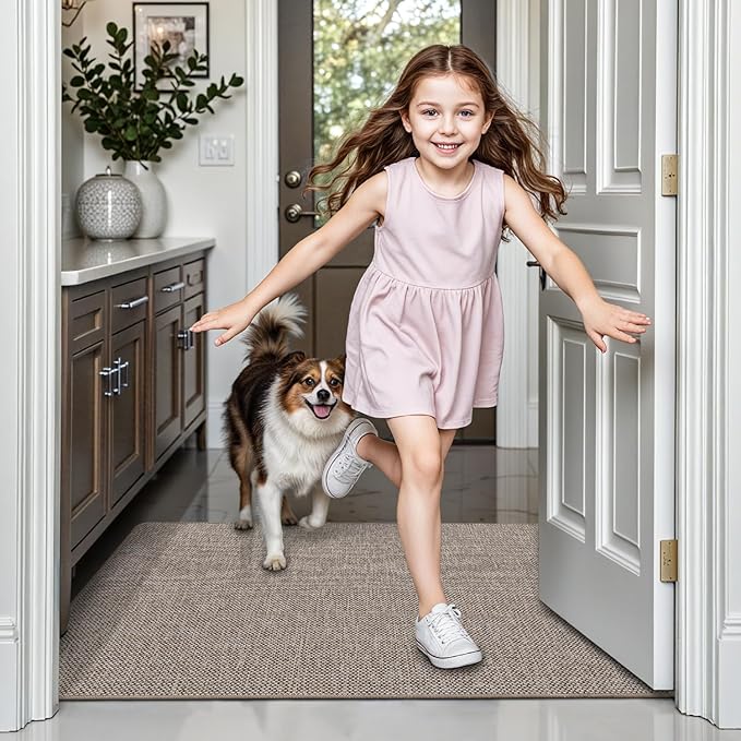 LUMI Ultra Thin Door Mat for Entryway, 24"x36" Low Profile Non Slip Rubber Backing Indoor Doormat, Easy Clean Welcome Entrance Mat for Inside House, Patio, Khaki