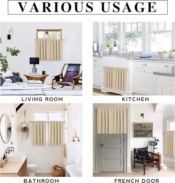 RYB HOME Thermal Insulated Small Window Curtains Short Drapes for Nursery Bathroom Kitchen Laundry RV Basement, 29 inch Wide by 24 in Long, Biscotti Beige, 2 Panels