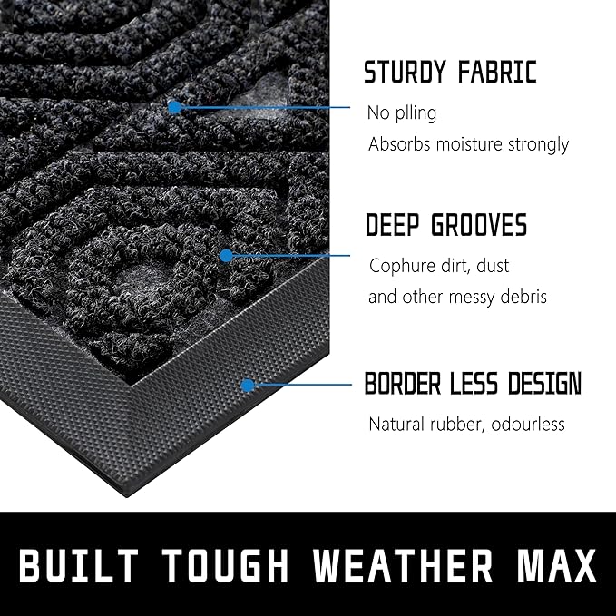 Yimobra Door Mat, Outdoor Indoor Entrance Welcome Mat, Heavy Entry Front Door Mat, Stain & Fade Resistant, Low Profile, Sturdy Rubber, Easy Clean Patio Floor Mat, Waterproof, 29.5 x 17, Black