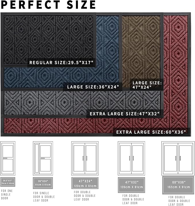 Yimobra Door Mat, Outdoor Indoor Entrance Welcome Mat, Heavy Entry Front Door Mat, Stain & Fade Resistant, Low Profile, Sturdy Rubber, Easy Clean Patio Floor Mat, Waterproof, 36 x 24, Blue