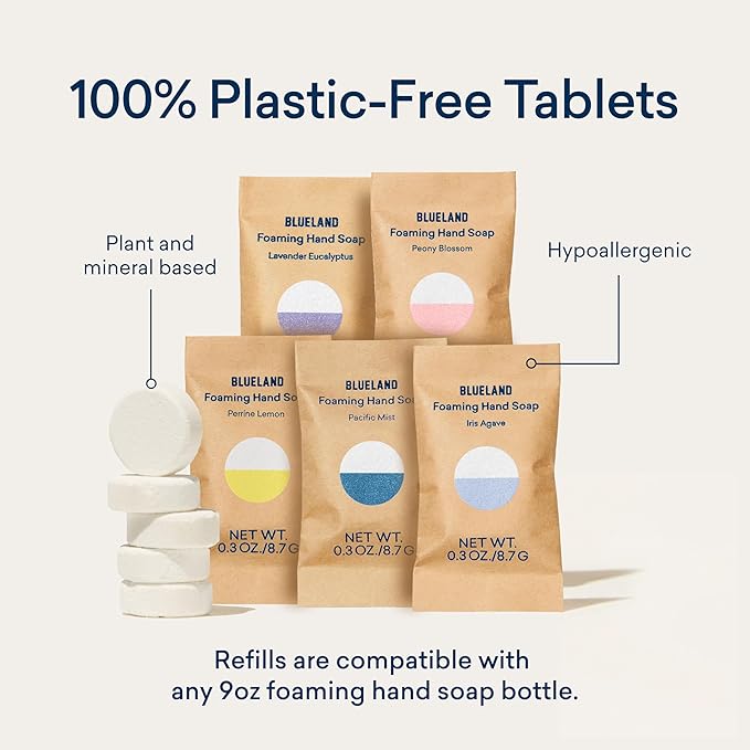 BLUELAND Foaming Hand Soap Refill Tablets, 10-Pack, Perrine Lemon Scent, Eco Friendly Cleaning Products, 10 x 9 Fl oz