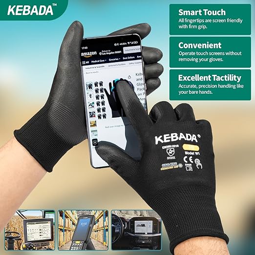 Kebada Safety Work Gloves,120 Pairs Bulk Pack, Touchscreen, PU Coated, Ideal for Warehouse, Construction, Gardening and Mechanics, Black, Large