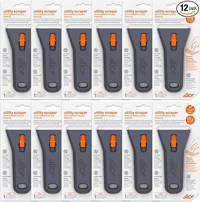 Slice 10591-CS Manual Utility Scraper, Locking Ceramic Blade, Rust Free, Finger Friendly, Soft-Touch Comfort Grips Reduce Strain, 12 Pack, Regular - Manual (Locks in Position) (10591-12)