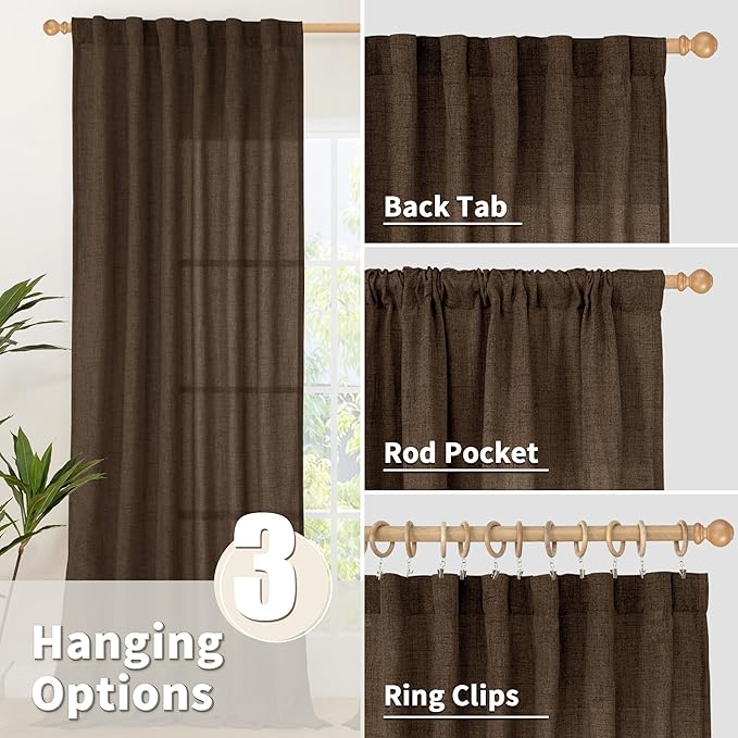 YoungsTex Brown Linen Curtains 40 Inch Length for Small Window, Chocolate Light Filtering Drapes with Rod Pocket Back Tab for Bathroom Kitchen Window, 30 x 40 Inch, 2 Panels