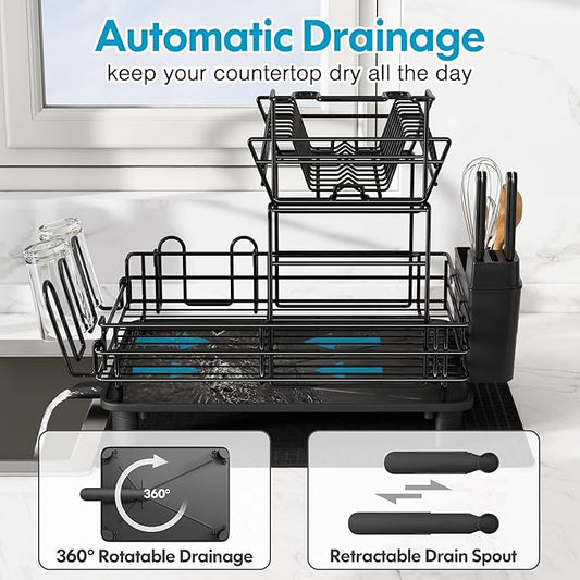 JASIWAY 2 Tier Black Large Stainless Steel Dish Drainers Drying Rack for Kitchen Counter with Drainboard, Rust Proof Metal, Space Saving, Modern Aesthetic, Compact Plates Strainers with Extra Mat