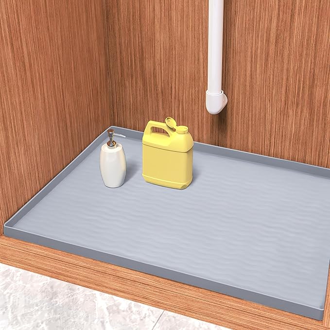 URMONA Waterproof Silicone Under Sink Mat 28'' x 22'' Shelf Liner for Kitchen and Bathroom, Cabinet and Counter Protector, Storage and Organizers, Litter Mat, Pet Cat Puppy Essentials(Light Grey)