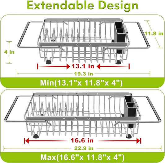 JASIWAY Dish Drying Rack in Sink, Expandable Stainless Steel Dish Drainer for Kitchen Sink, Dish Strainer Rack, Retractable Over Sink Dish Rack with Utensil Holder, 13.1''~16.6''D x 11.8''W, Silver