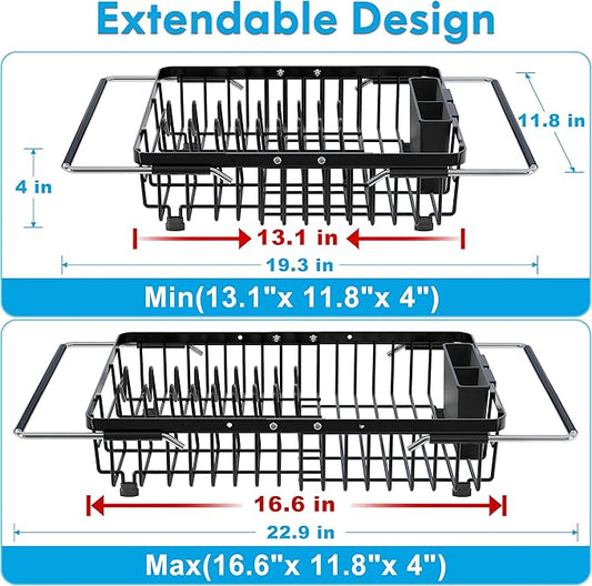 JASIWAY in Sink Dish Drying Rack, Expandable Stainless Steel Dish Drainers for Kitchen Sink, Over Sink Dish Drying Rack with Utensil Holder, 13.1''~16.6''D x 11.8''W, Black