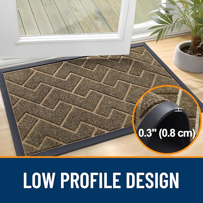 OLANLY Front Door Mat Indoor Outdoor Entrance, Waterproof All-Season, All-Weather Doormat, Sturdy Natural Rubber, Low Profile, Easy Clean Patio Porch Entryway Mat, Herringbone Brick (Brown, 47x32)