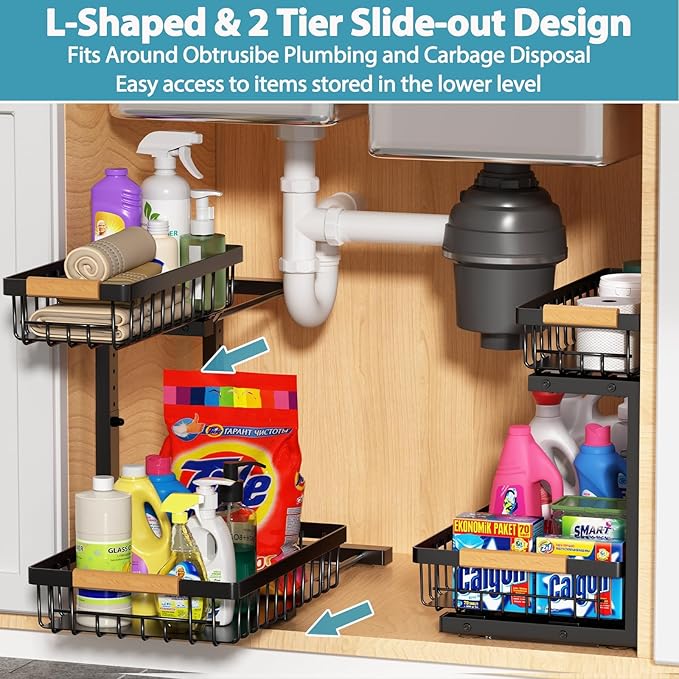 Under Sink Organizer Storage 2 Pack, 2 Tier Slide Out Height Adjustable Pull Out Cabinet Organizer Drawer for Kitchen Bathroom Large Under Sink Shelf Rack Caddy for Pantry, Black