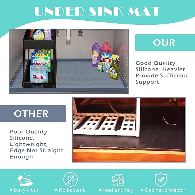 URMONA Waterproof Silicone Under Sink Mat 28'' x 22'' Shelf Liner for Kitchen and Bathroom, Cabinet and Counter Protector, Storage and Organizers, Litter Mat, Pet Cat Puppy Essentials(Beige)
