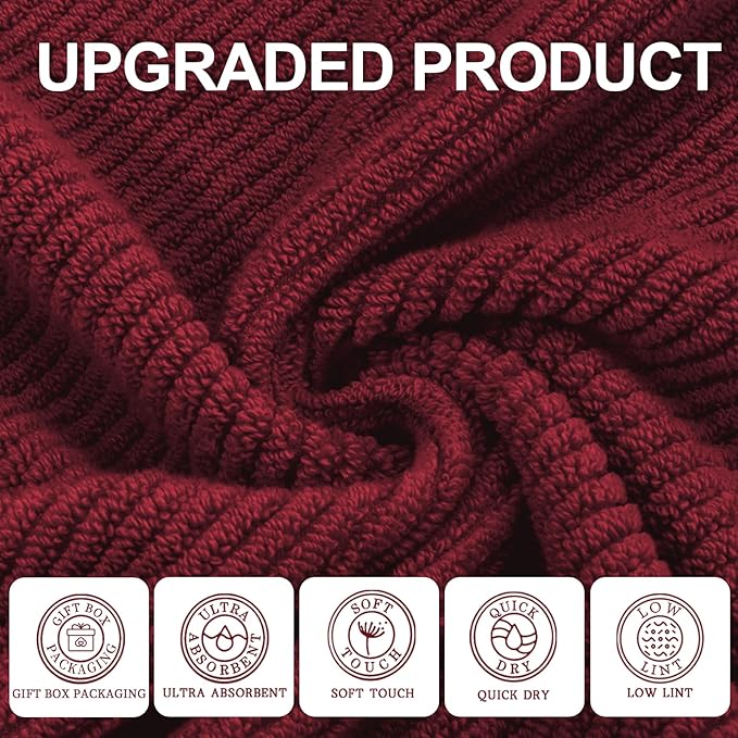 VOOVA & MOVAS Hand Towels for Bathroom Set of 4, Large 18" x 28" - 100% Cotton | Lightweight | Thick | Quick Dry | Soft | Absorbent, Bath Hand Towels for Showering, Bathroom Essentials, Burgundy Red