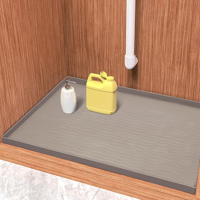 URMONA Waterproof Silicone Under Sink Mat 28'' x 22'' Shelf Liner for Kitchen and Bathroom, Cabinet and Counter Protector, Storage and Organizers, Litter Mat, Pet Cat Puppy Essentials(Beige)