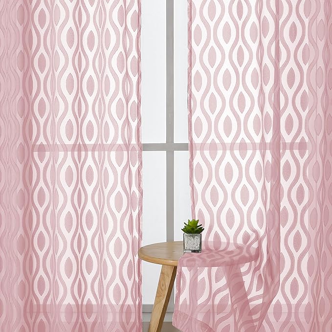 Aiyufeng Pink Sheer Curtains 2 Panels 54 Inch Length, Soft Lightweight Clip Jacquard Textured Blush Curtains for Bedroom Living Room, Modern Wavy Line Solid Voile Sheer Drapes, 40" Wx54 L Inches