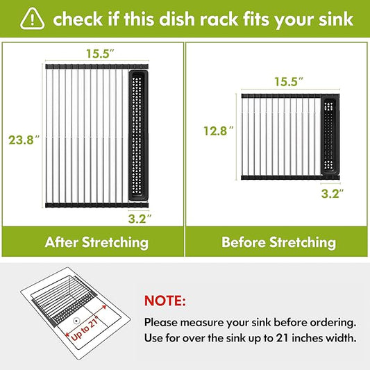 JASIWAY Dish Drying Rack, Roll Up Dryer Rack for Inside Sink, Expandable (12.8"-23.8" D x 15.5" W) 304 Stainless Steel Dish Drainers for Kitchen Counter, Over Sink Cover with Utensil Holder