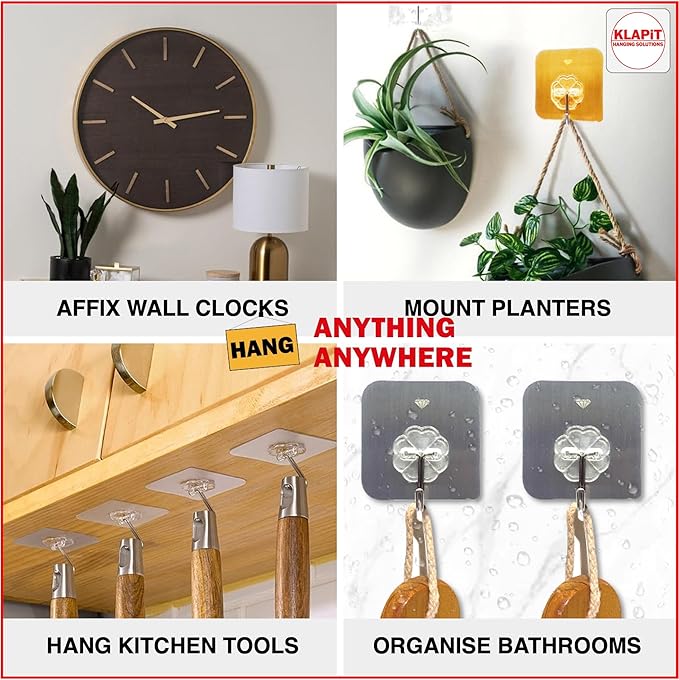 KLAPiT Super Hook - Heavy-Duty Adhesive Wall Hooks, Holds Up to 11 lbs, Waterproof, No Damage, Easy Install on Tile, Wood, Stone, Glass & Metal - Made of Steel (Clear, 4pc)