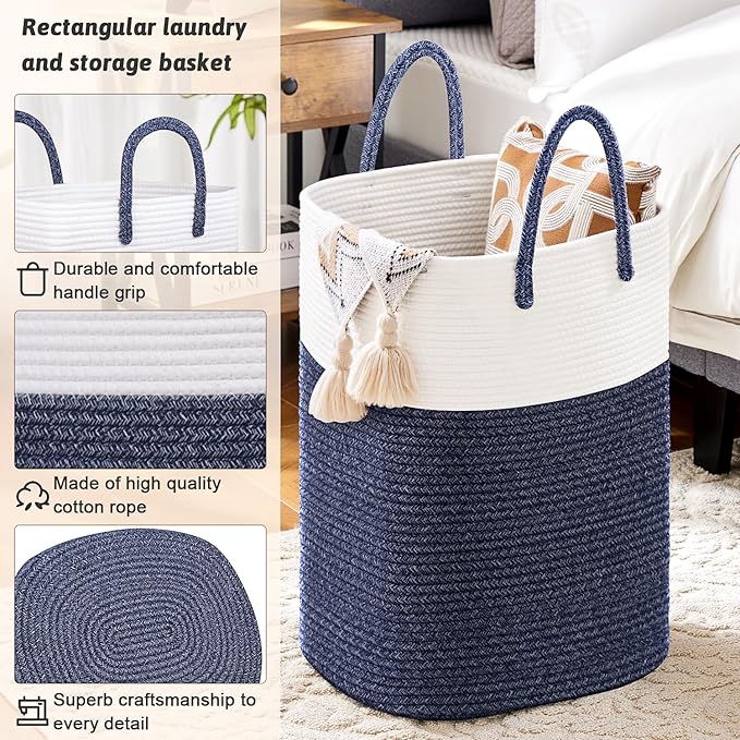 Laundry Basket,Woven Cotton Rope Laundry Hamper,Versatile Storage for Dirty Clothes,Baby Toys,and Blankets in Bathroom, Nursery,and Living Room (Blue, 100L)