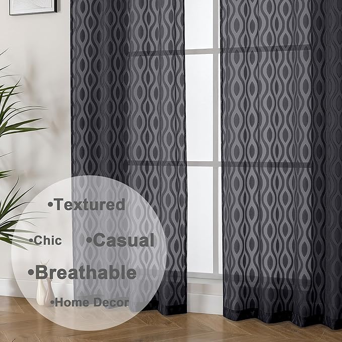 Aiyufeng Sheer Curtains 54 Inch Length 2 Panels, Soft Lightweight Clip Jacquard Textured Black Curtains for Bedroom Living Room, Modern Wavy Line Solid Voile Sheer Drapes, 40" Wx54 L Inches