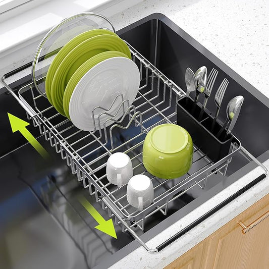 JASIWAY Dish Drying Rack in Sink, Expandable Stainless Steel Dish Drainer for Kitchen Sink, Dish Strainer Rack, Retractable Over Sink Dish Rack with Utensil Holder, 13.1''~16.6''D x 11.8''W, Silver