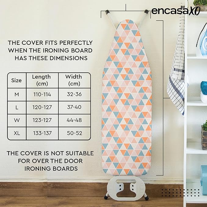 Encasa XO Ironing Board Cover and Pad - Thick 4mm Felt, Heat & Scorch-Resistant, Fits Standard Large Boards 54"x15", Elastic Bungee Cord Tightening, Easy Fit, Stain-Safe Dye, Triangles Aqua