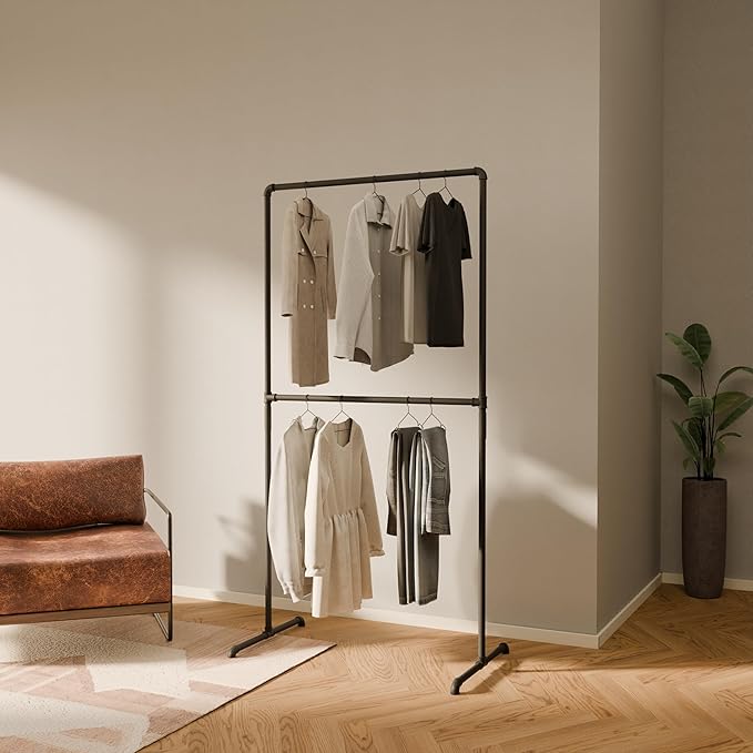 pamo Industrial Pipe Clothing Rack with Shelf - 130 lbs Capacity - Free Standing Clothes Rack and Walk In Closet for Wardrobe