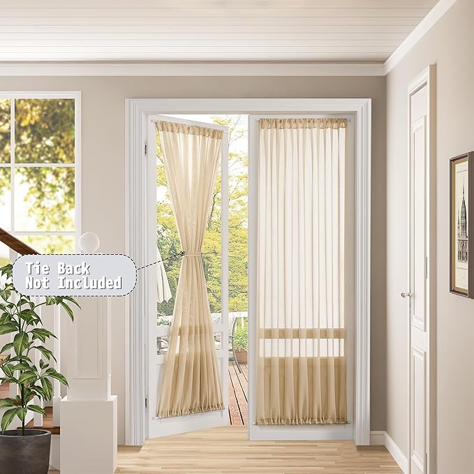 Tollpiz Sheer Door Curtains Closet Linen Textured Curtain Sheers Doorway Light Filtering Voile Patio Glass Door Rod Pocket Curtains French Door, 54 x 80 inches Long, Beige, Set of 1 Panel