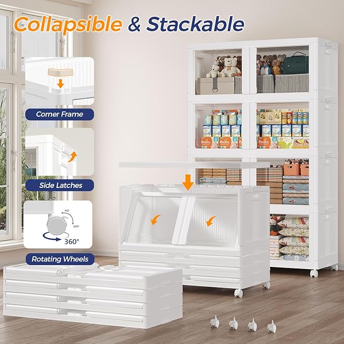 600Qt Stackable Storage Bins with Lid and Wheels, 150Gal Plastic Closet Organizer and Storage Drawer, Large Collapsible Storages Box Cabinet with Clear Door for Home Kitchen, 3Pack White
