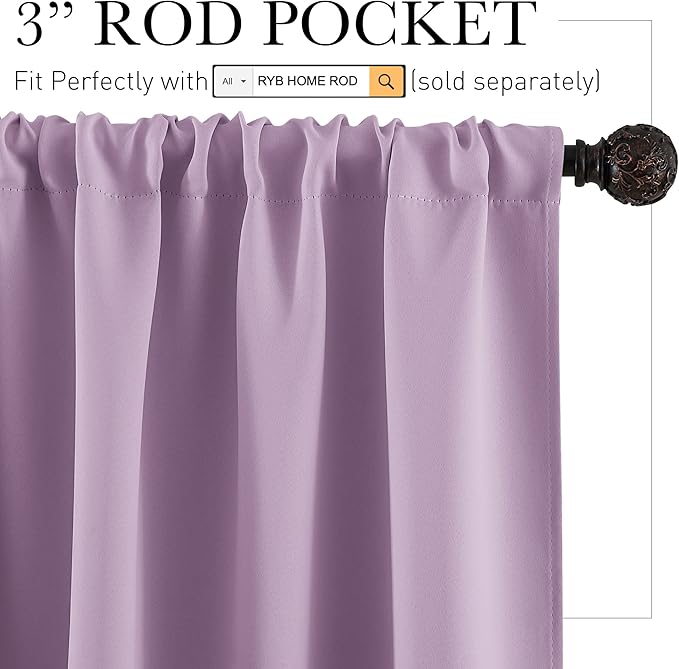 RYB HOME Bedroom Curtains Solid Blackout Panels Rod Pocket Thermal Insulated Window Drapes for Living Room, 42 Width x 63 inch Length 2 Panels Set, Lilac
