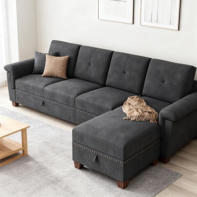 JAMFLY 108" Modular Sectional Sofa with Storage, L Shaped Sofa Couch with Reversible Ottoman, 4-Seat Convertible Sectional Couches with Cup Holders for Living Room, Apartment, Black