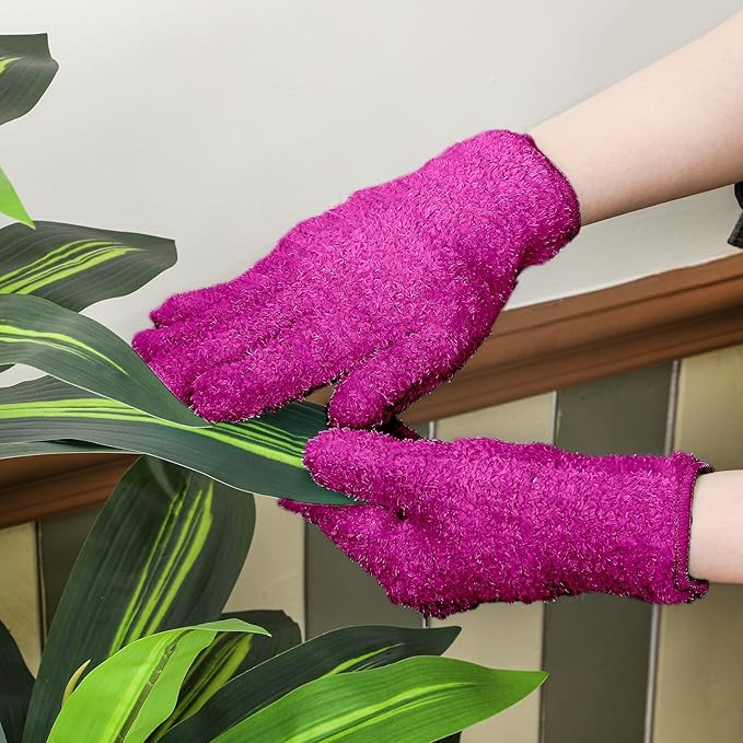 Patelai 3 Pairs Microfiber Plant Dusting Gloves Leaf Cleaning Gloves for Indoor Plants, Blinds, Furniture, House(Small,Purple, Blue, Rose Red)