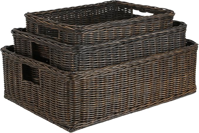 The Basket Lady Under The Bed/Basic Wicker Storage Basket, Medium, 20 in L x 14.5 in W x 6 in H, Antique Walnut Brown