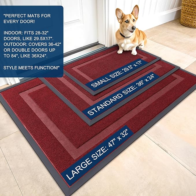 OLANLY Front Door Mat Indoor Outdoor Entrance, Waterproof All-Season, All-Weather Doormat, Sturdy Natural Rubber, Fade Resistant, Low Profile, Easy Clean Patio Porch Entryway Mat, 47x32, Wine Red