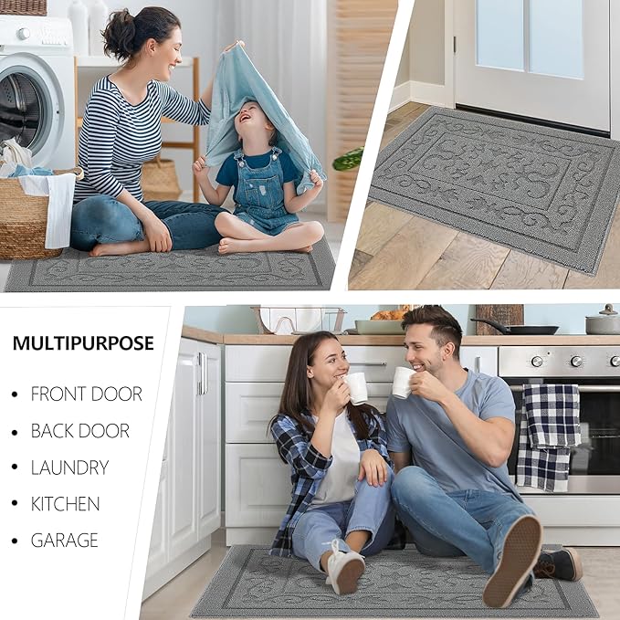FONEYI Indoor Door Mat 32" x 48", Dirt Trapper Door Mats Non-Slip Entryway Rugs Washable, Absorbent Resist Dirt Welcome Mat, Low Profile Inside Floor Mats for Front Back Door and Entryway, Light Grey