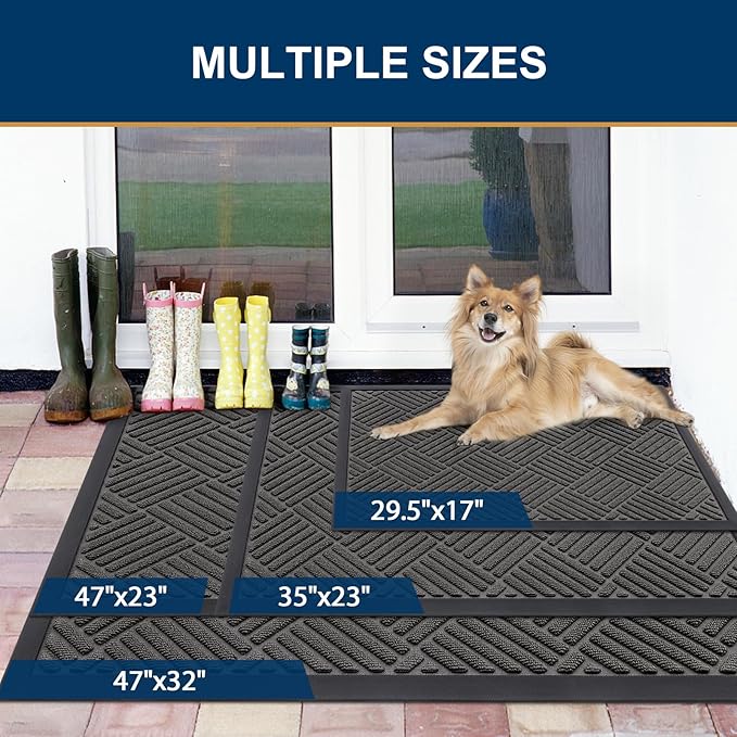 Smiry Front Door Mat Outside Entrance, Heavy Duty Outdoor Indoor Natural Rubber Doormat, Non Slip, Trap Dirt and Moisture, Easy Clean, Low Profile Patio Porch Entryway Mat, 59x23, Grey