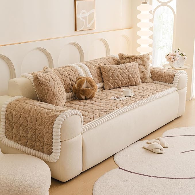 OTOB Pet Couch Covers for 3 Cushion Couch Sofa, Washable & Non Slip Fuzzy Plush Sofa Cushion Covers, All Seasons Geometric Jacquard Modern Soft Dog Bed Mat Slipcovers Protector (Coffee, 27.6"x70.9")
