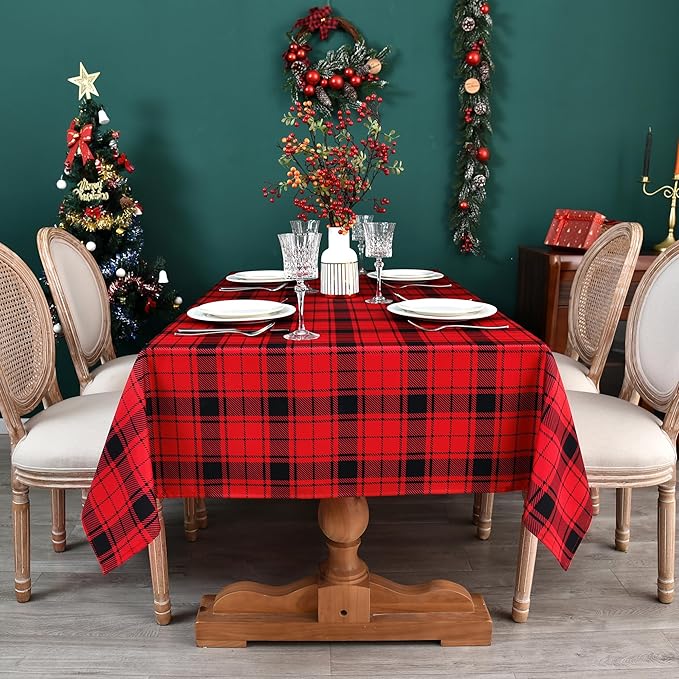 Classic Gingham Buffalo Xmas Tablecloth Fabric - Oblong 58x144 Inch Water Proof Checkered Table Cloth for Indoor Outdoor - Red Christmas Plaid Table Cover for Christmas, Holiday, New Year
